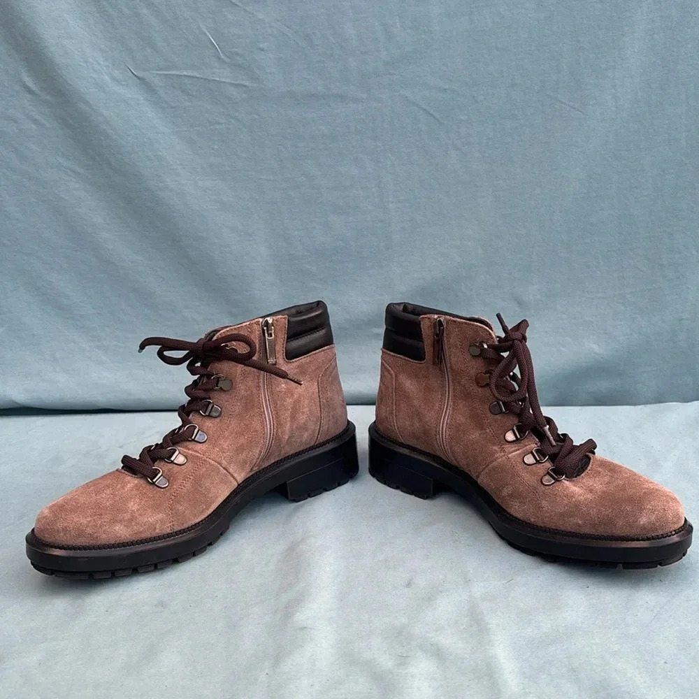 NWOT Aquatalia Liviana Taupe Suede Weatherproof Combat Hiker Boots, Size 8.5M